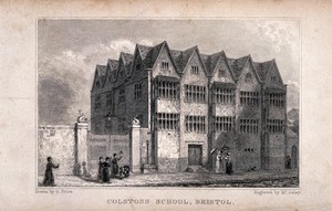 view Colstons school, Bristol. Line engraving by McGahey after G. Price.