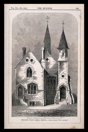 Redcliffe infant school, Bristol: with scale and key. Wood engraving, 1853, after G. Godwin.