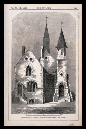 view Redcliffe infant school, Bristol: with scale and key. Wood engraving, 1853, after G. Godwin.