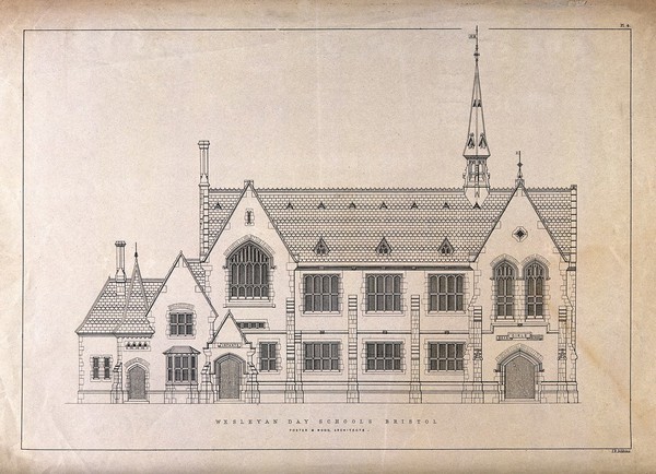 Facade elevation of the Wesleyan Day schools, Bristol. Line engraving by J.R. Jobbins after Foster & Wood.