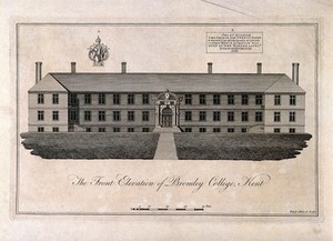 view The front elevation of Bromley college, coat of arms and scale key, Kent. Line engraving by Bayly after himself.