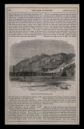 Panoramic view of Brusa (Broussa) from the Mondania Road, Turkey. Wood engraving, 1867.