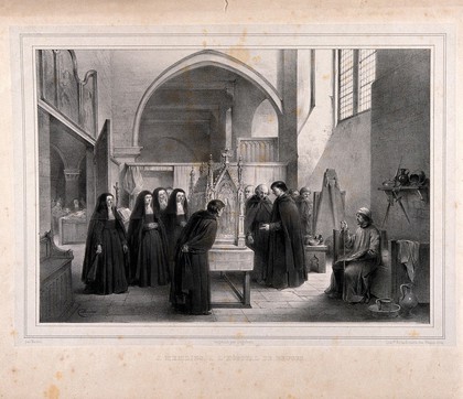 Hospital of Saint John, Bruges: Hans Memlinc watches as the officers of the hospital inspect his chasse of Saint Ursula. Lithograph by J. Madou, ca. 1840.