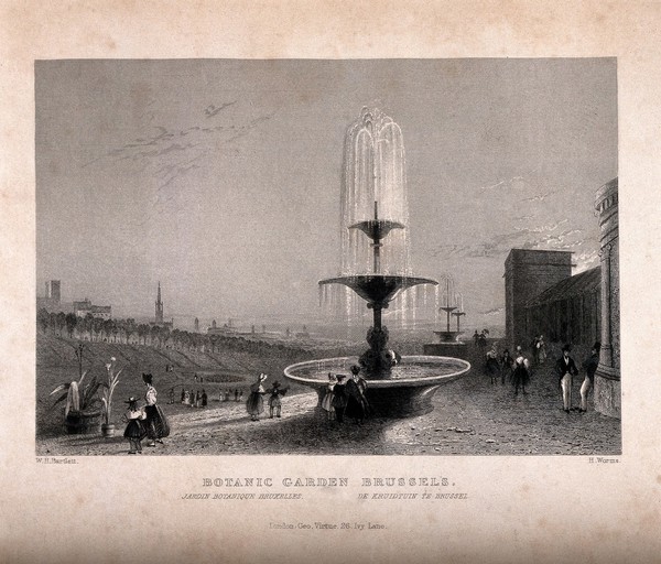 The Botanical gardens with the city of Brussels in the background. Line engraving by H. Worms after W.H. Bartlett.