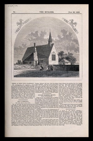 view Bryncoch school and church, Glamorgan, Wales. Wood engraving by W.E. Hodgkin, 1858, after G. Truefitt.