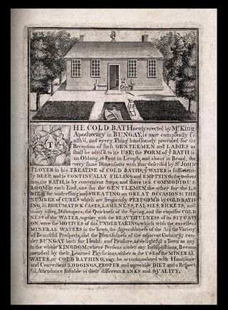 The bath house and cold baths of Bungay, Suffolk with a description of the baths. Line engraving.