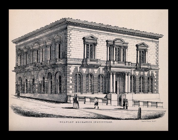 Burnley mechanics institution. Process print after J. Green.