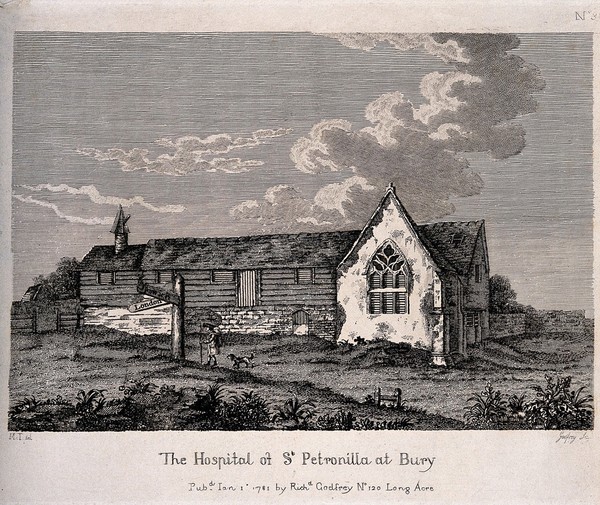 The hospital of St. Petronilla, Bury St. Edmunds, Suffolk: exterior. Etching by R.B. Godfrey, 1781, after M. Tyson.