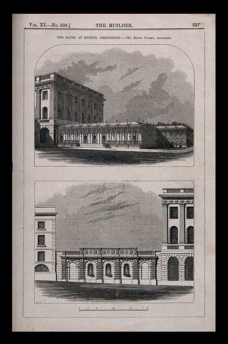 Buxton, Derbyshire: the baths, with scale key. Wood engraving by B. Sly after H. Currey., 1853, by Henry Currey