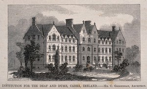 view The Deaf and Dumb institution, Cabra, Ireland. Wood engraving by W.E. Hodgkin after C. Geoghegan.