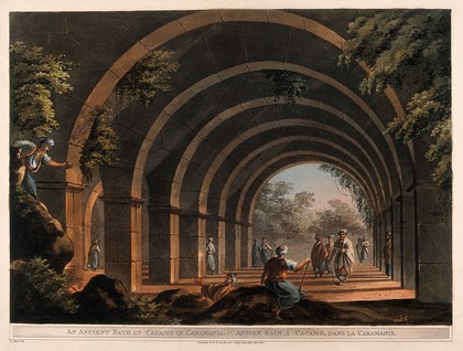 Under the arches of the ancient bath at Cacamo, Turkey. Coloured aquatint, 1803, after L. Mayer.