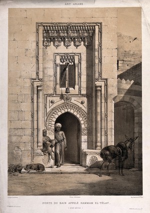 view The doorway to the Turkish bath, El-Télet, Cairo (?). Lithograph by L.A. Asselineau after A.C.T.E. Prisse d'Avennes.