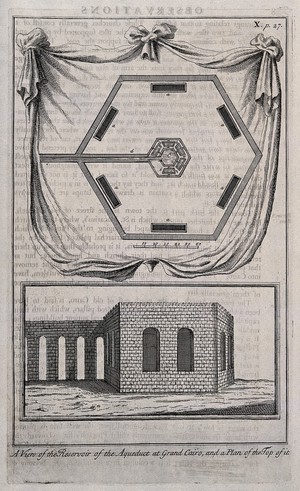 view The aqueduct at Cairo with a ground plan. Line engraving.