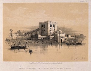 view The aqueduct seen from the island of Rhoda, Cairo, Egypt. Lithograph by D. Roberts, 1856.