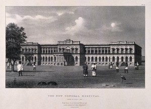 view The new General Hospital and grounds, Calcutta, India. Lithograph by W. Wood the younger after himself, 1829.