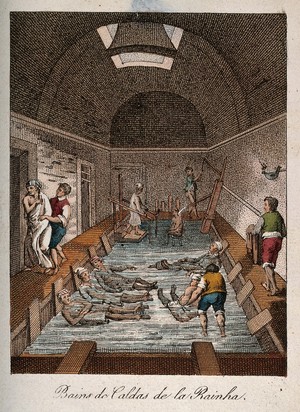 view The interior of the thermal baths, Caldas de la Rainha, Portugal. Coloured engraving.