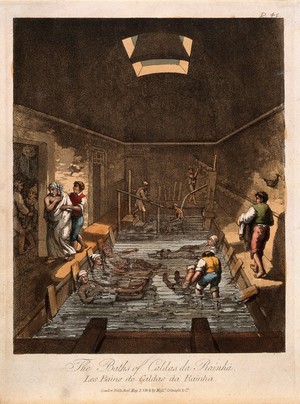 view The interior of the thermal baths, Caldas da Rainha, Portugal. Coloured aquatint by H. L'Evêque, 1814.