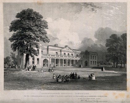 Addenbrooke's hospital and grounds, Cambridge. Lithograph by A Picken after W. Fleetwood Varley.