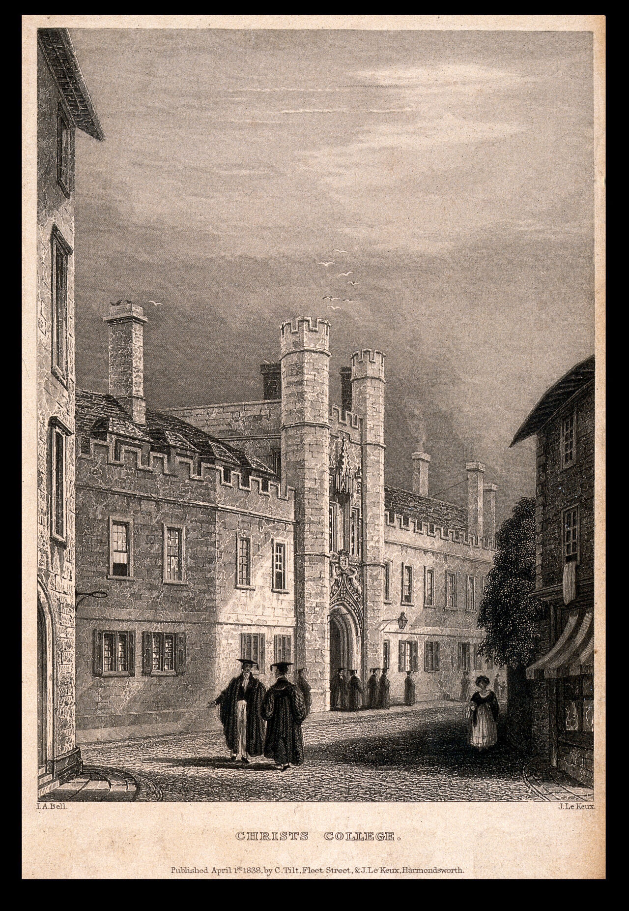 Christ's college, Cambridge. Line engraving by J. Le Keux, 1838, after J.A. Bell., 1 April 1838, by Jonathan Anderson Bell