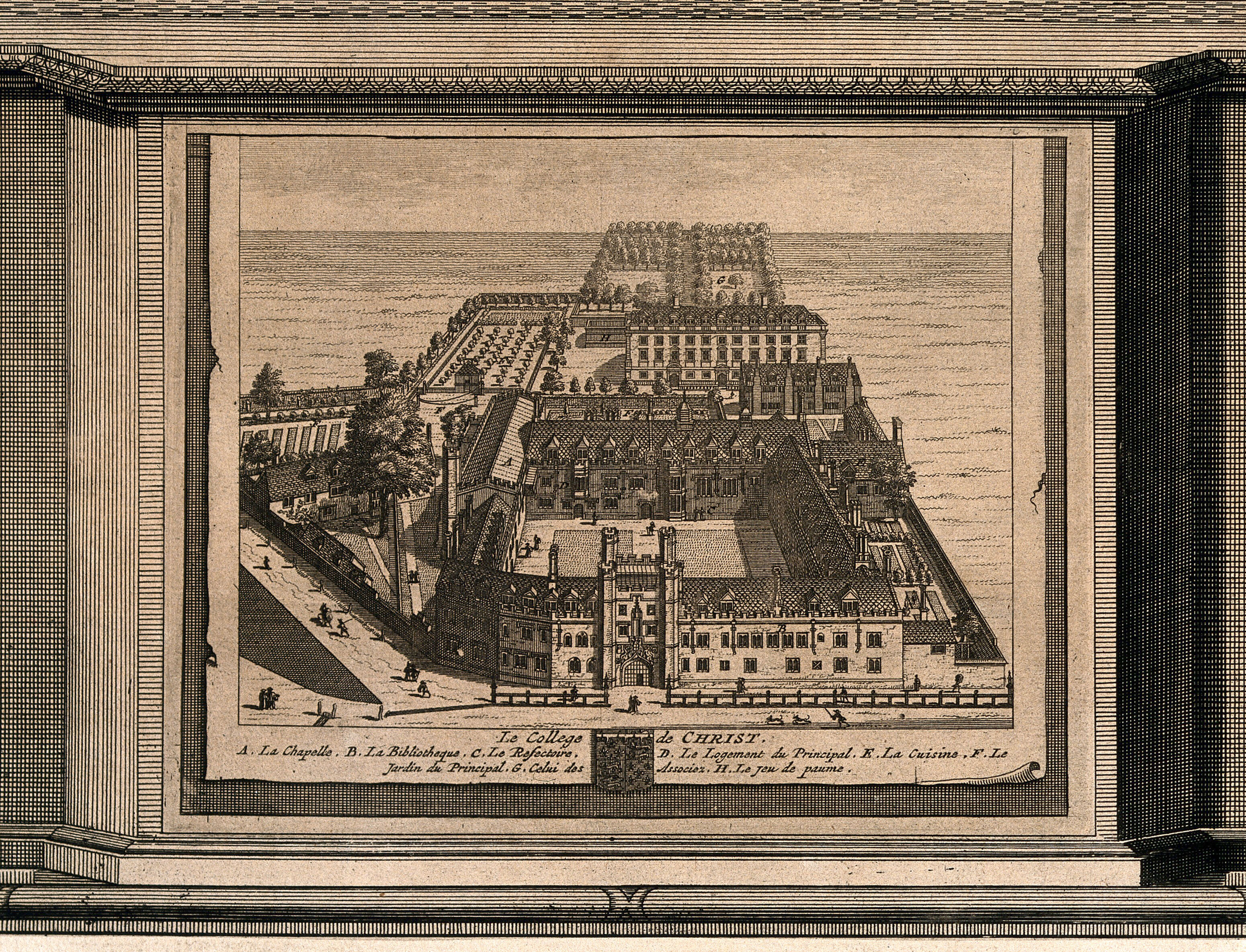 Bird's eye view of Christ's college, Cambridge with a key and the