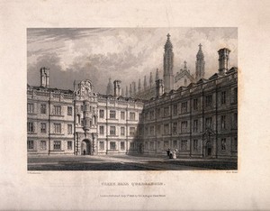 view Clare College, Cambridge: east and south ranges. Line engraving by J. Le Keux, 1842, after F. Mackenzie.