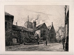 view Corpus Christi College, Cambridge. Etching by A. Brunet Lebaines, 1879.