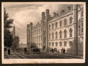 view Corpus Christi college and the street life outside, Cambridge. Line engraving by J. Le Keux after F. Mackenzie.