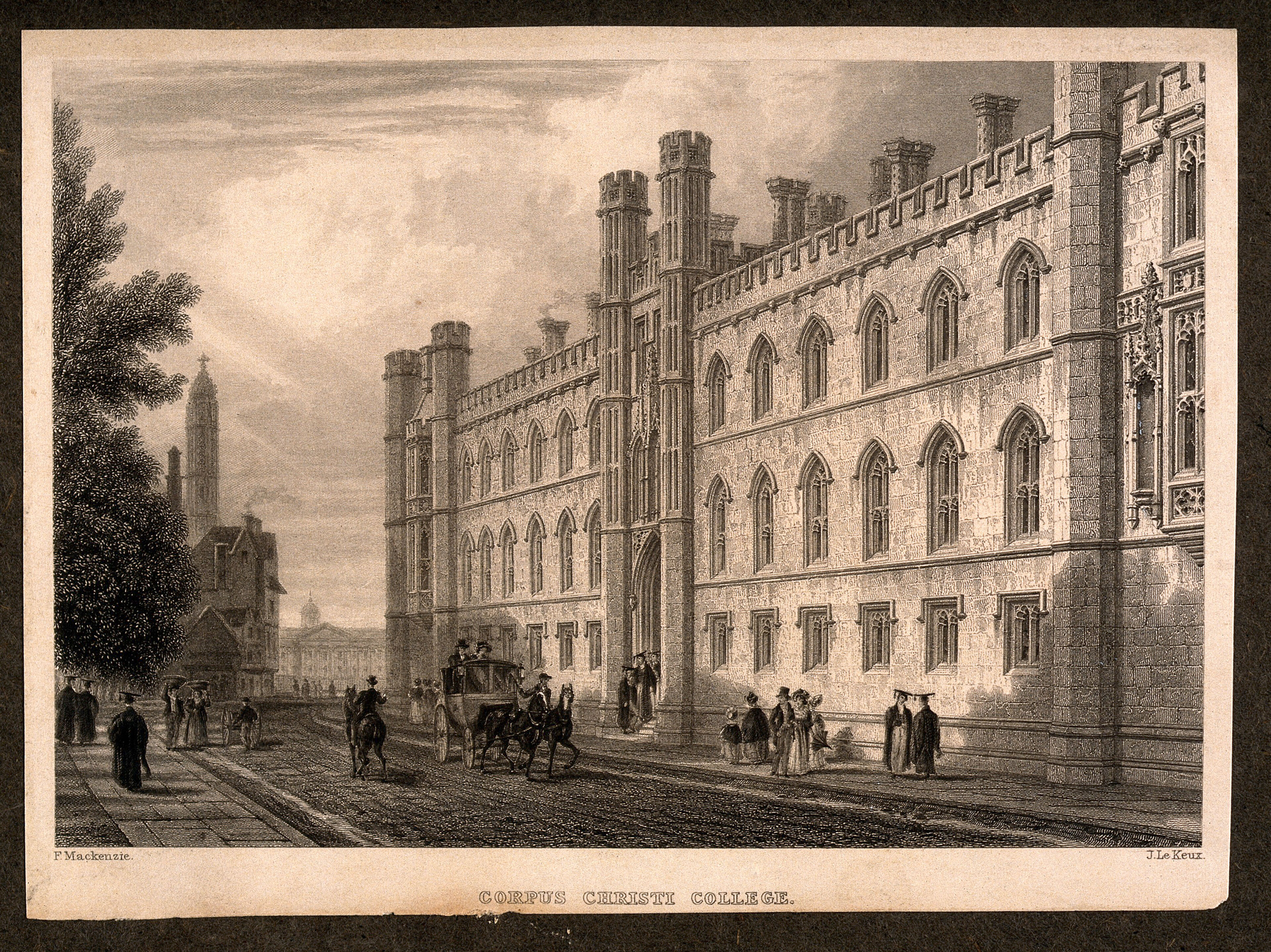 Corpus Christi college and the street life outside, Cambridge. Line engraving by J. Le Keux after F. Mackenzie.