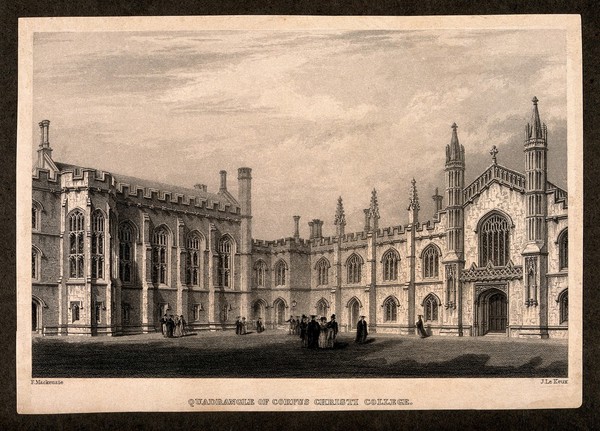 Corpus Christi College, Cambridge: New Court. Line engraving by J. Le Keux after F. Mackenzie.