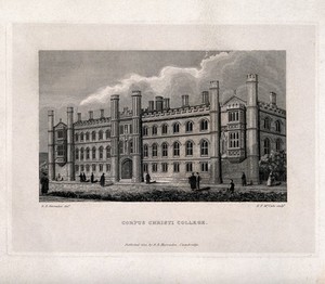 view Corpus Christi College, Cambridge. Line engraving by E.F. McCabe, 1824, after R.B. Harraden.