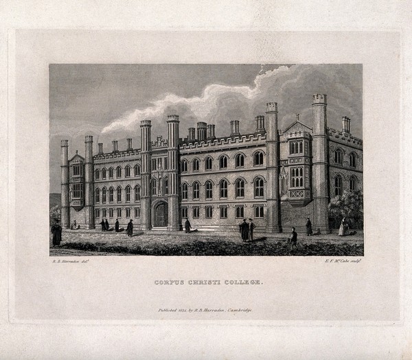 Corpus Christi College, Cambridge. Line engraving by E.F. McCabe, 1824, after R.B. Harraden.
