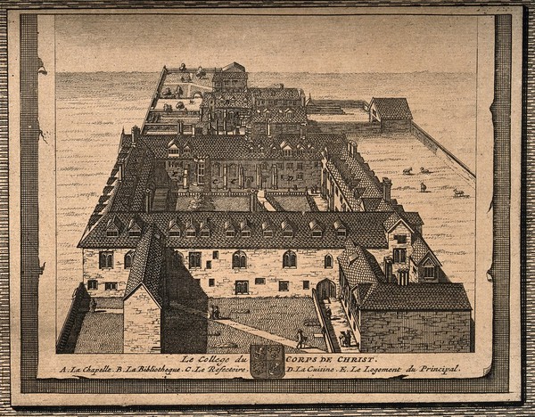 Corpus Christi College, Cambridge: bird's eye view with key and coat of arms. Line engraving.