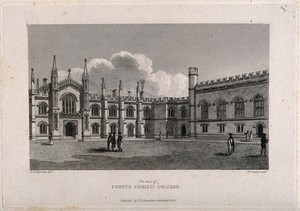 view Corpus Christi College, Cambridge: New Court. Line engraving, 1826.