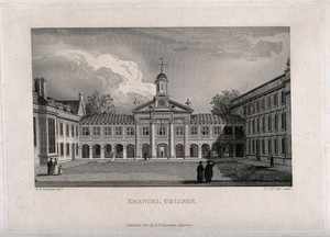 view Emmanuel College, Cambridge: Front Court, showing the facade of the Chapel. Line engraving by E.F. McCabe, 1824, after R.B. Harraden.