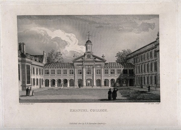 Emmanuel College, Cambridge: Front Court, showing the facade of the Chapel. Line engraving by E.F. McCabe, 1824, after R.B. Harraden.