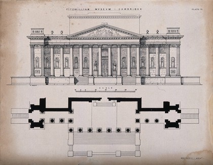 The Fitzwilliam Museum, Cambridge: elevation and plan. Process print by C. Bagster after G. Basevi.