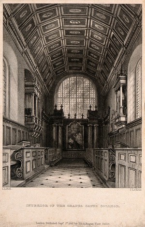 view Gonville and Caius College chapel, Cambridge. Line engraving by J. Le Keux, 1841, after J.A. Bell.