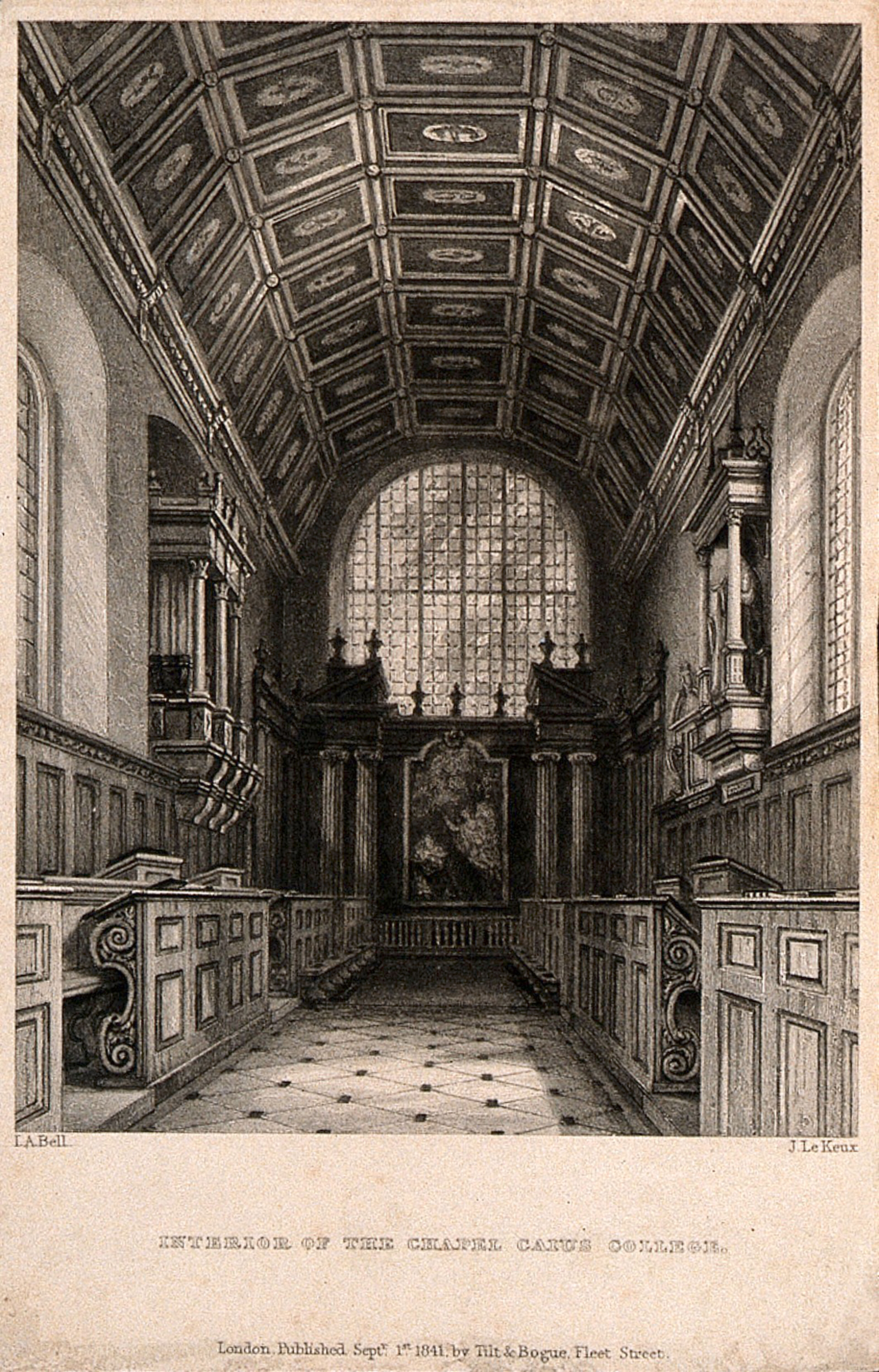 Gonville and Caius College chapel, Cambridge. Line engraving by J. Le Keux, 1841, after J.A. Bell.