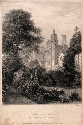 The fellows' garden, Gonville and Caius College, Cambridge. Line engraving by J. Le Keux, 1841, after F. Mackenzie.