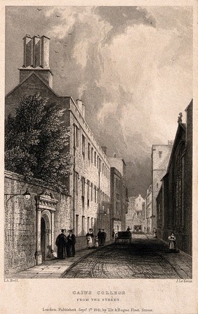 Gonville and Caius College, Cambridge. Line engraving by J. Le Keux, 1841, after J.A. Bell.