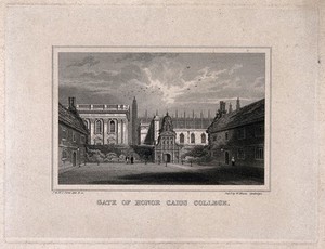 view Gonville and Caius College, Cambridge: Caius Court towards the Gate of Honour. Line engraving by J. & H.S. Storer.