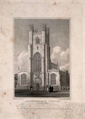 view Great St. Mary's Church, Cambridge. Line engraving by J. Le Keux, 1824, after J.P. Neale.