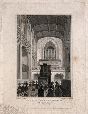 view Great St. Mary's Church, Cambridge: interior towards the west end. Line engraving by J. Le Keux, 1824, after J.P. Neale.