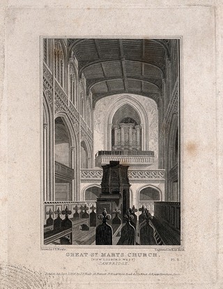 Great St. Mary's Church, Cambridge: interior towards the west end. Line engraving by J. Le Keux, 1824, after J.P. Neale.