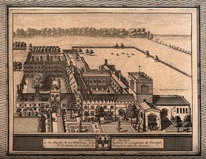 view Jesus College, Cambridge: bird's eye view with a key and coat of arms. Line engraving.
