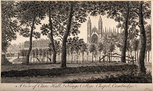 view Clare Hall and King's College Chapel, Cambridge: view through the trees on the Backs. Line engraving.