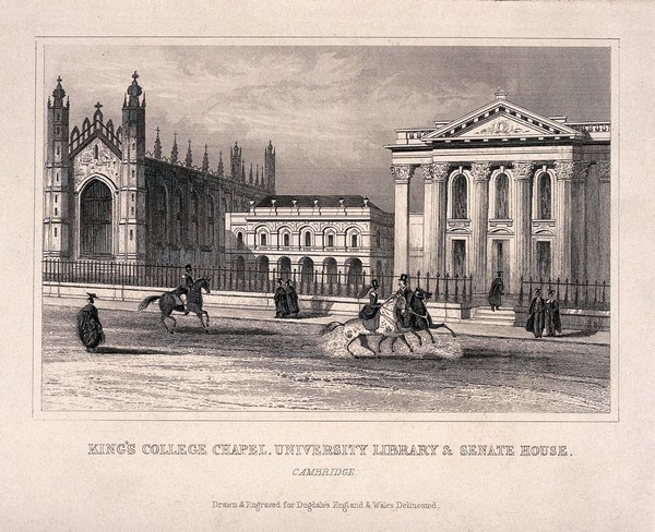 King's College Chapel, east range of the Old Schools and Senate house, Cambridge. Line engraving.