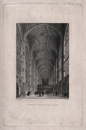 King's College Chapel, Cambridge: interior. Line engraving by J. Le Keux after F. Mackenzie.