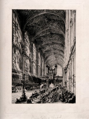 view King's College Chapel, Cambridge: interior during a service. Etching by H. Toussaint, 1879.