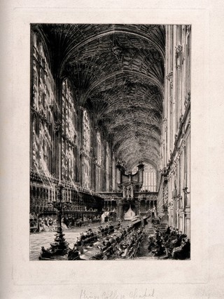 King's College Chapel, Cambridge: interior during a service. Etching by H. Toussaint, 1879.